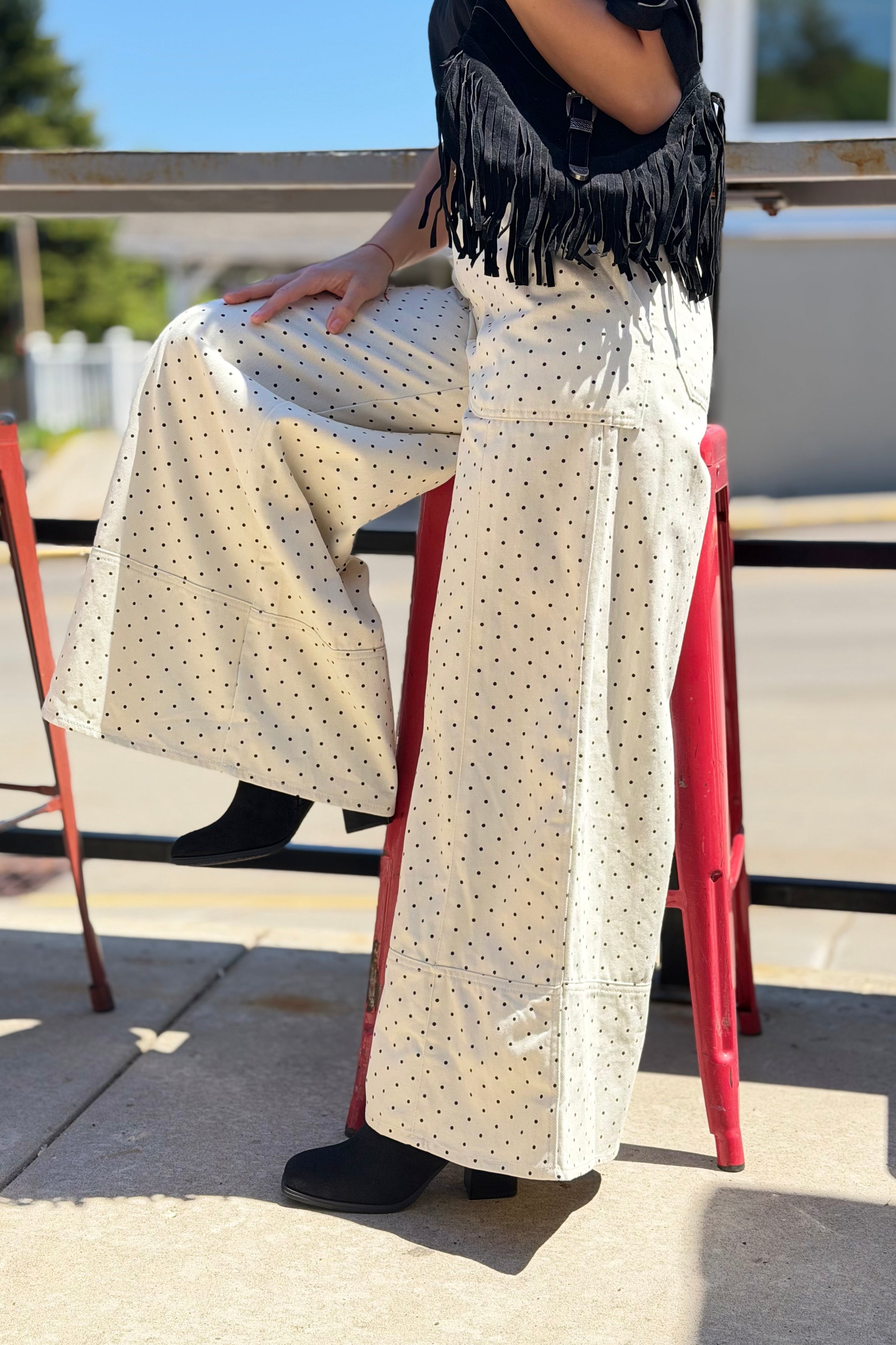 Wide Leg Polka Dot Pants - Cream