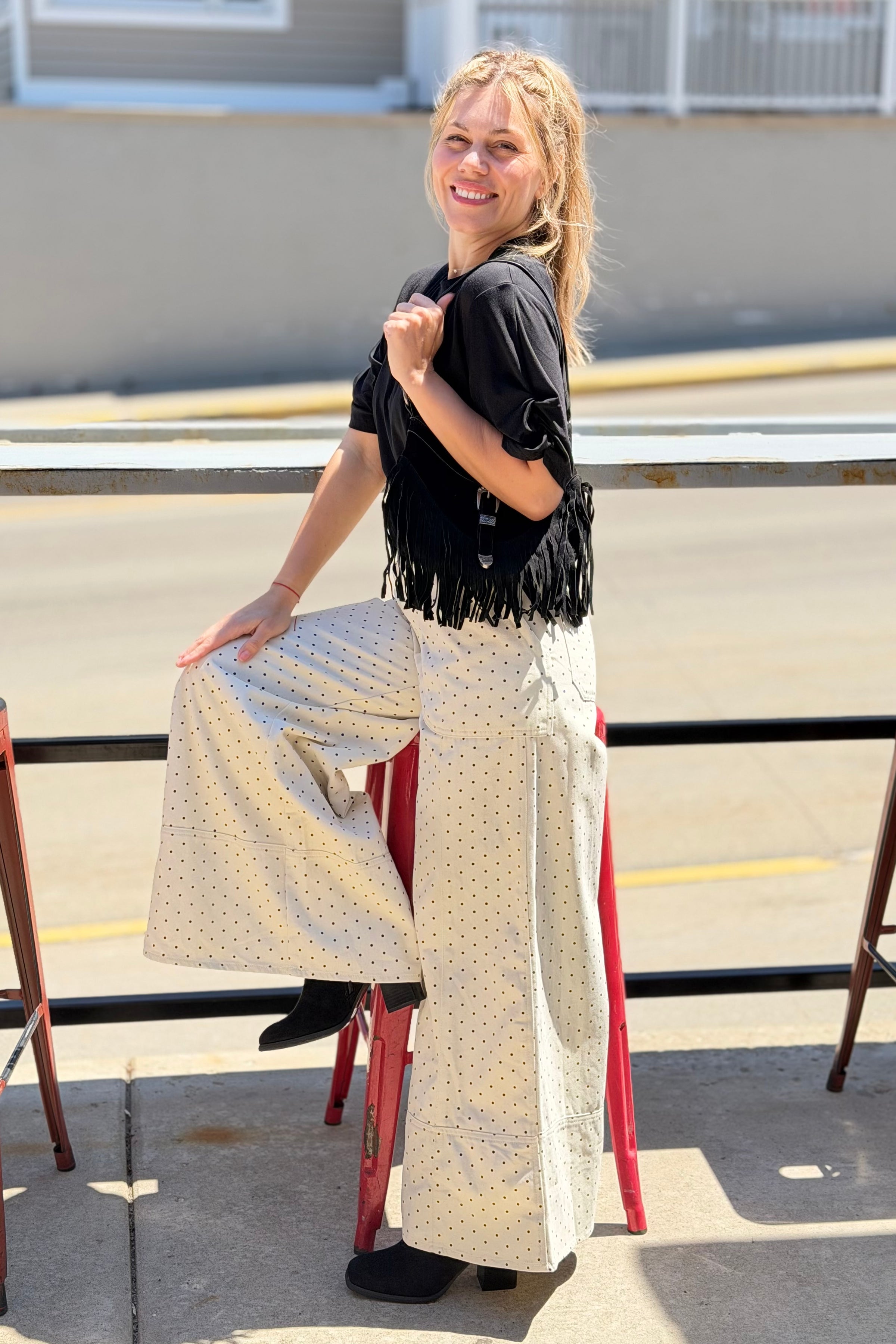 Wide Leg Polka Dot Pants - Cream
