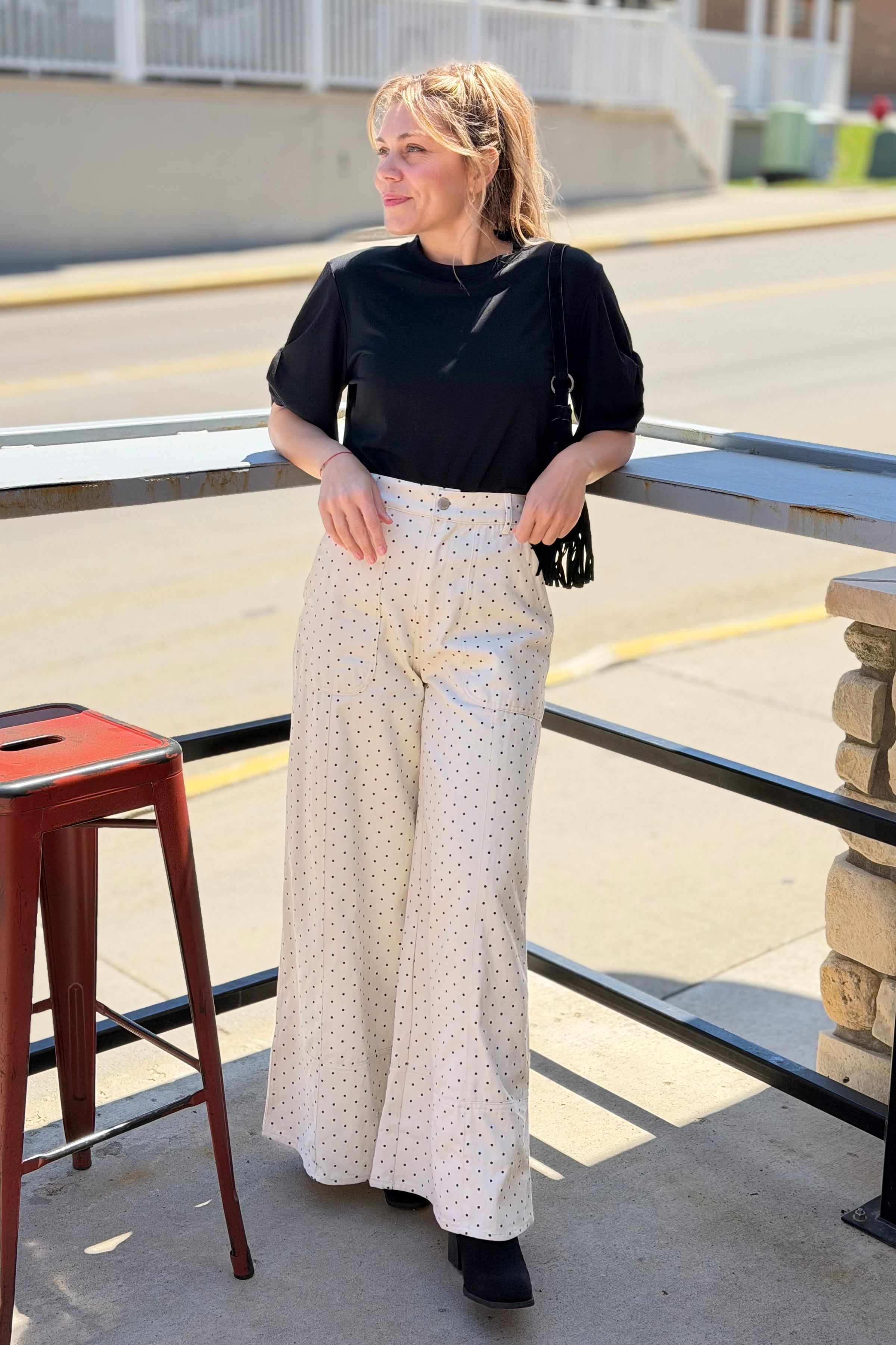 Wide Leg Polka Dot Pants - Cream