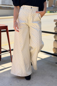Wide Leg Polka Dot Pants - Cream