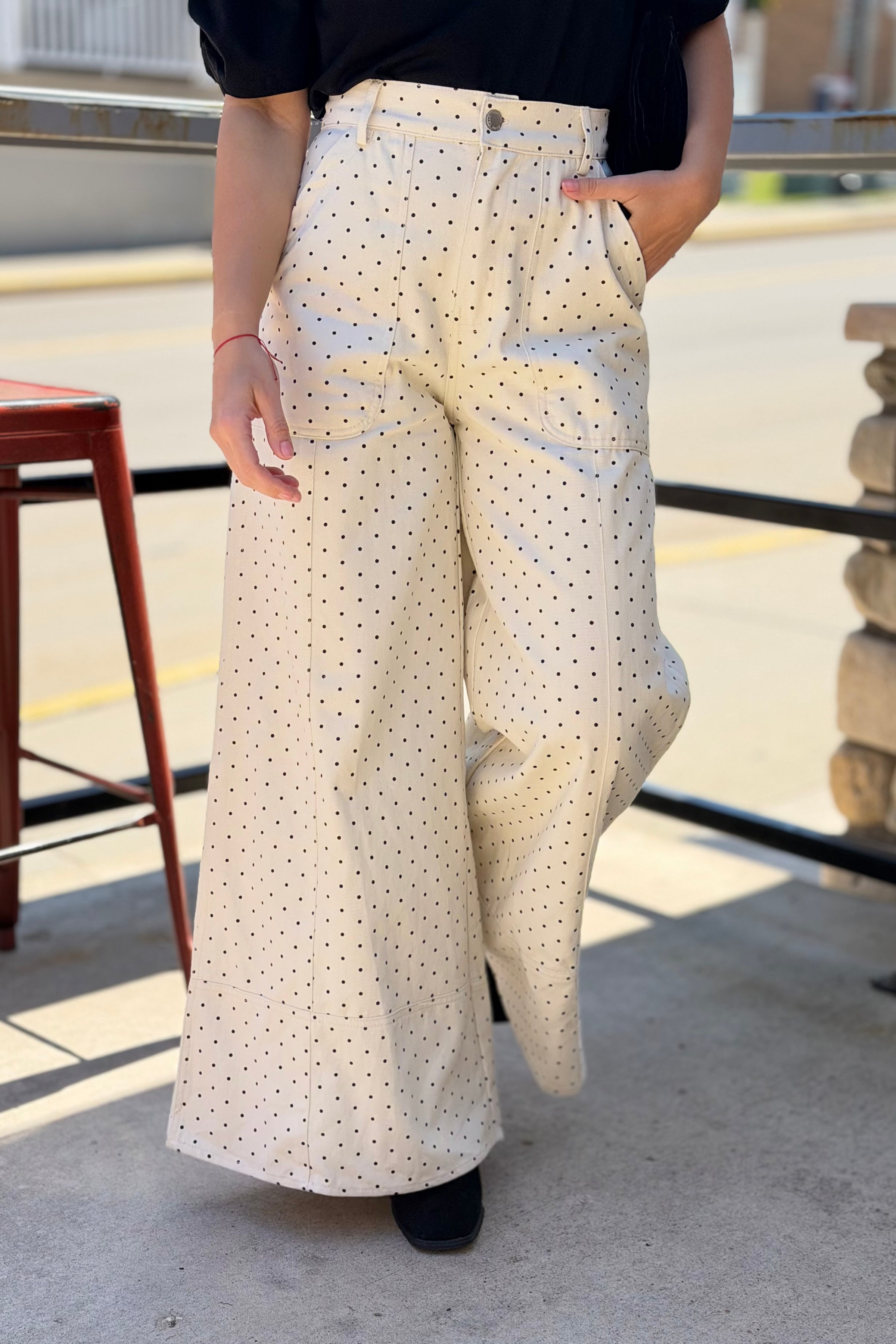 Wide Leg Polka Dot Pants - Cream