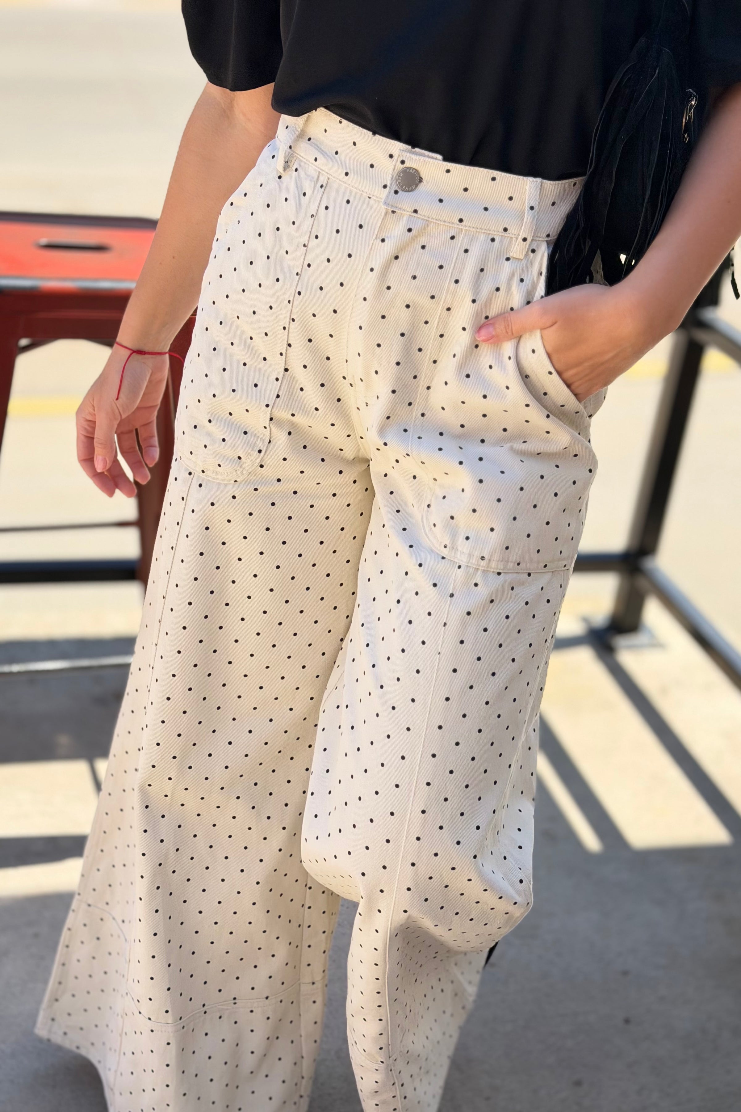 Wide Leg Polka Dot Pants - Cream