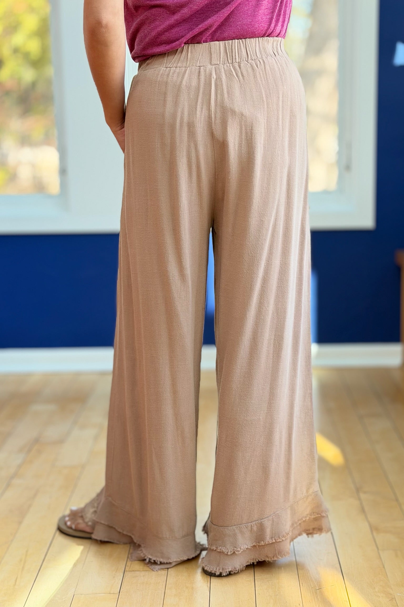 Embroidery Elastic Waist Pants - Latte