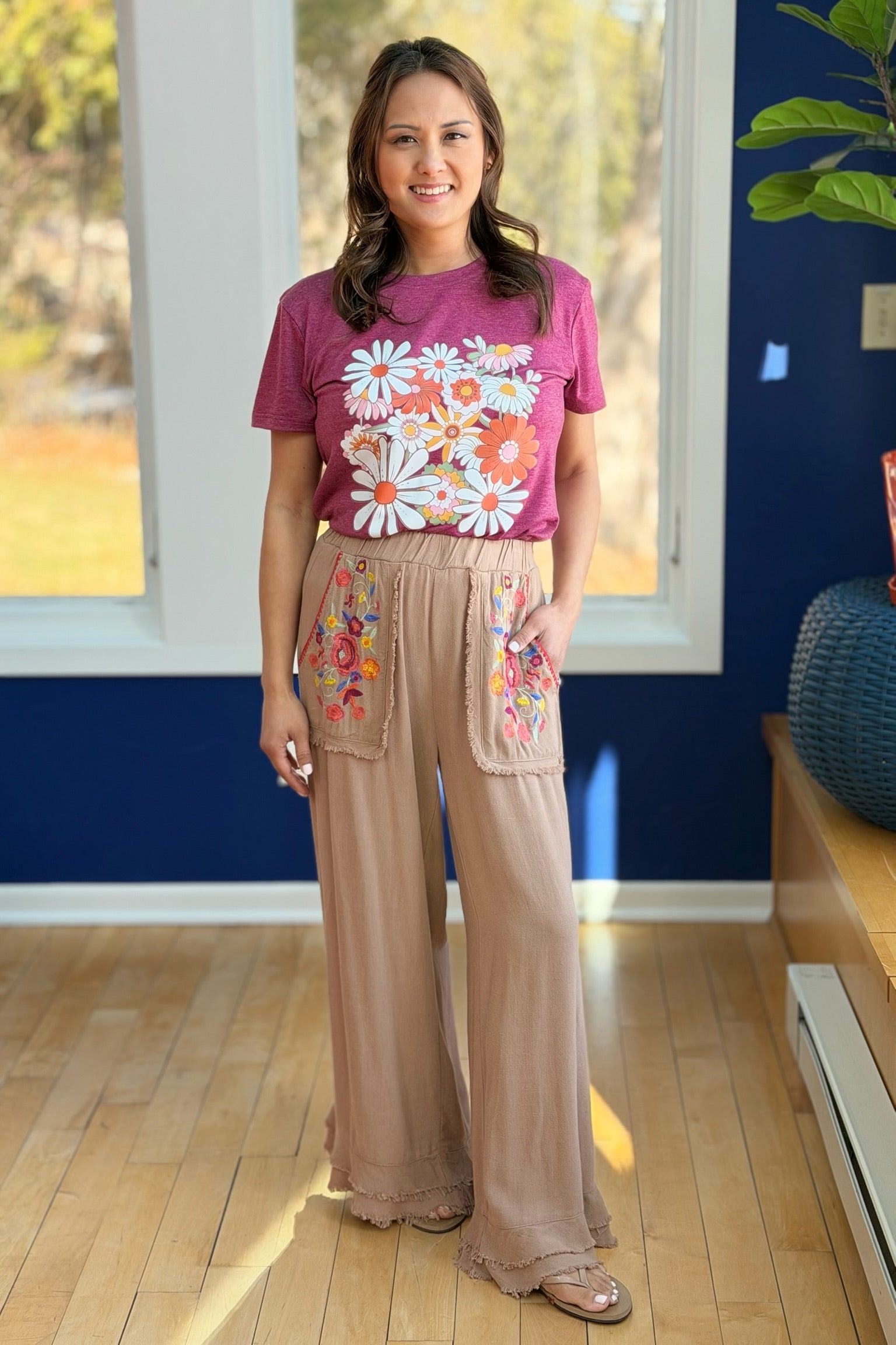 Embroidery Elastic Waist Pants - Latte