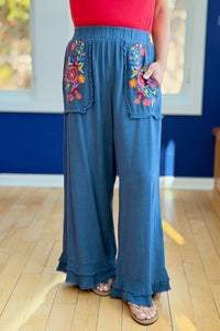 Embroidery Elastic Waist Pants - Slate Blue