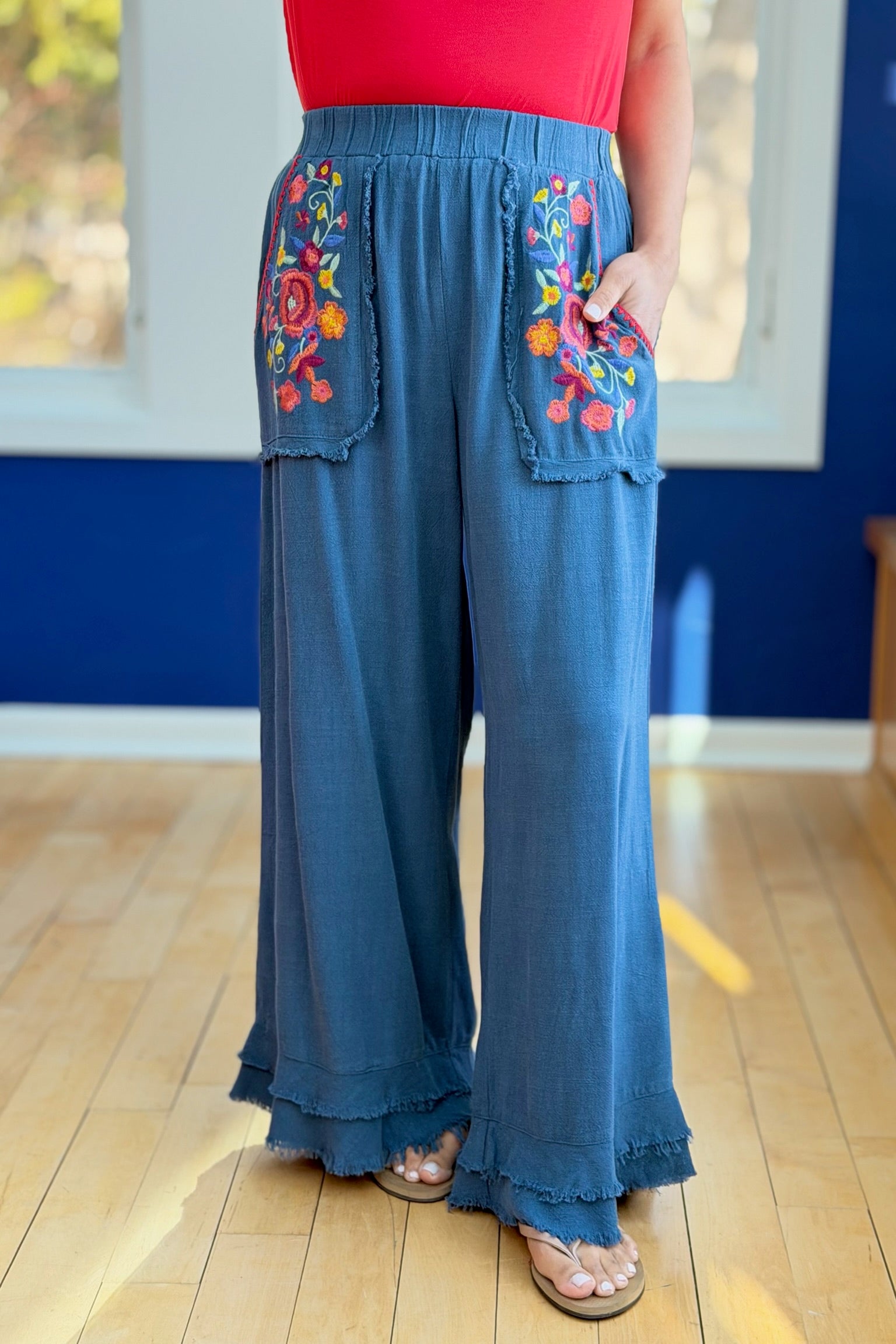 Embroidery Elastic Waist Pants - Slate Blue