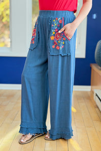 Embroidery Elastic Waist Pants - Slate Blue