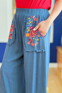 Embroidery Elastic Waist Pants - Slate Blue