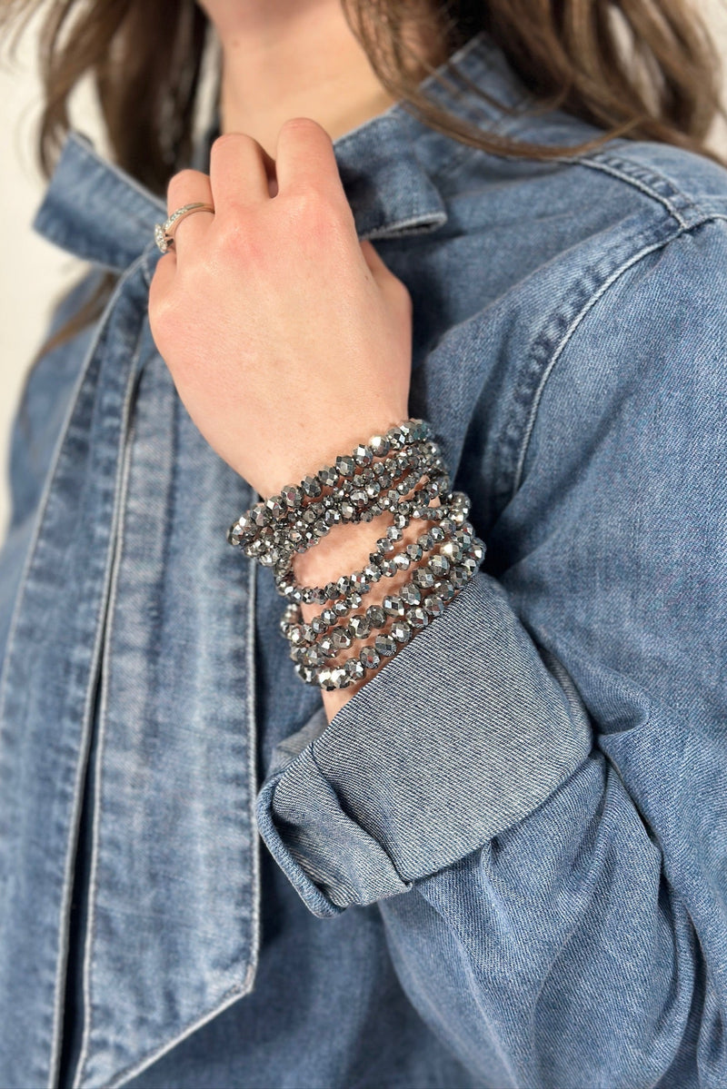 Glass Bead 9 Set Bracelet - Hematite