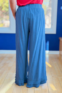 Embroidery Elastic Waist Pants - Slate Blue