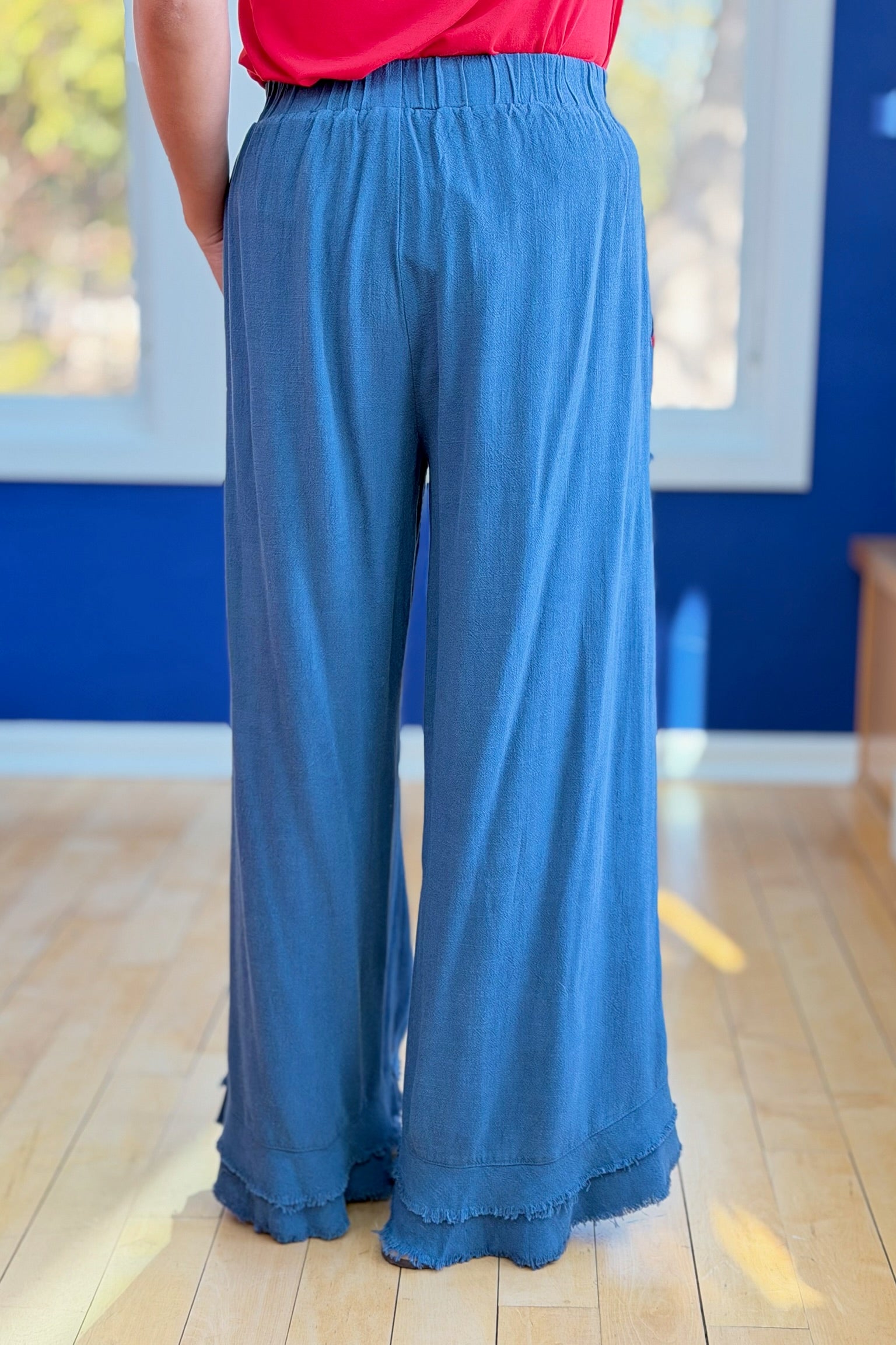 Embroidery Elastic Waist Pants - Slate Blue