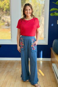 Embroidery Elastic Waist Pants - Slate Blue