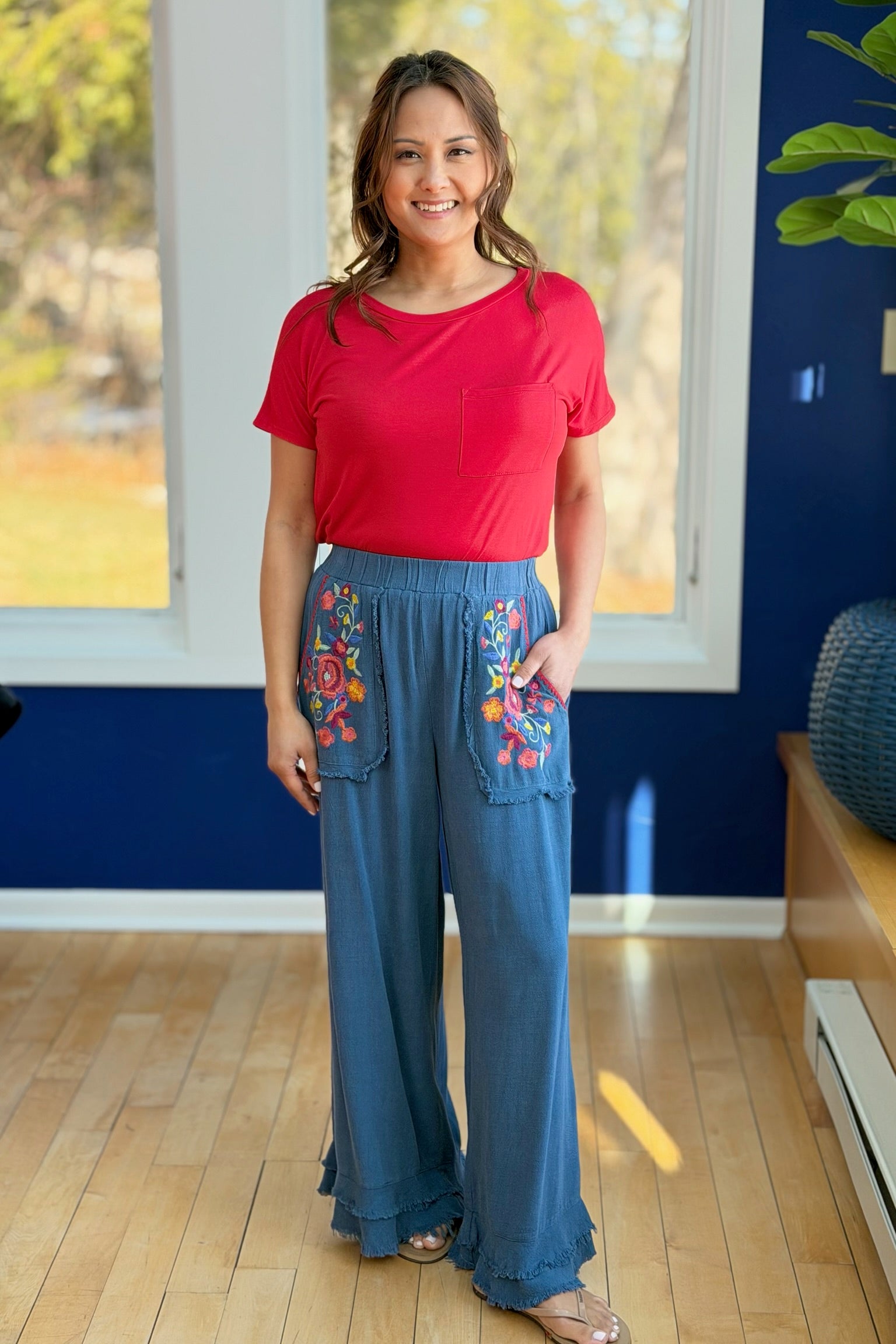 Embroidery Elastic Waist Pants - Slate Blue