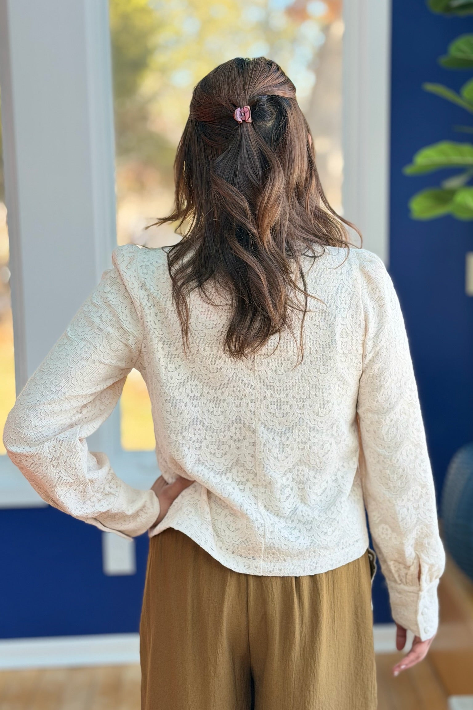 Lace High Neck Puff Sleeves Blouse