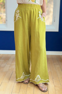 Embroidery Scallop Hemmed Pants - Avocado