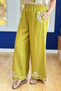 Embroidery Scallop Hemmed Pants - Avocado