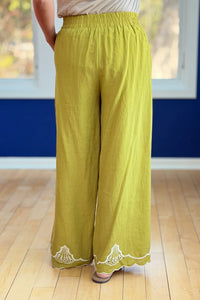 Embroidery Scallop Hemmed Pants - Avocado
