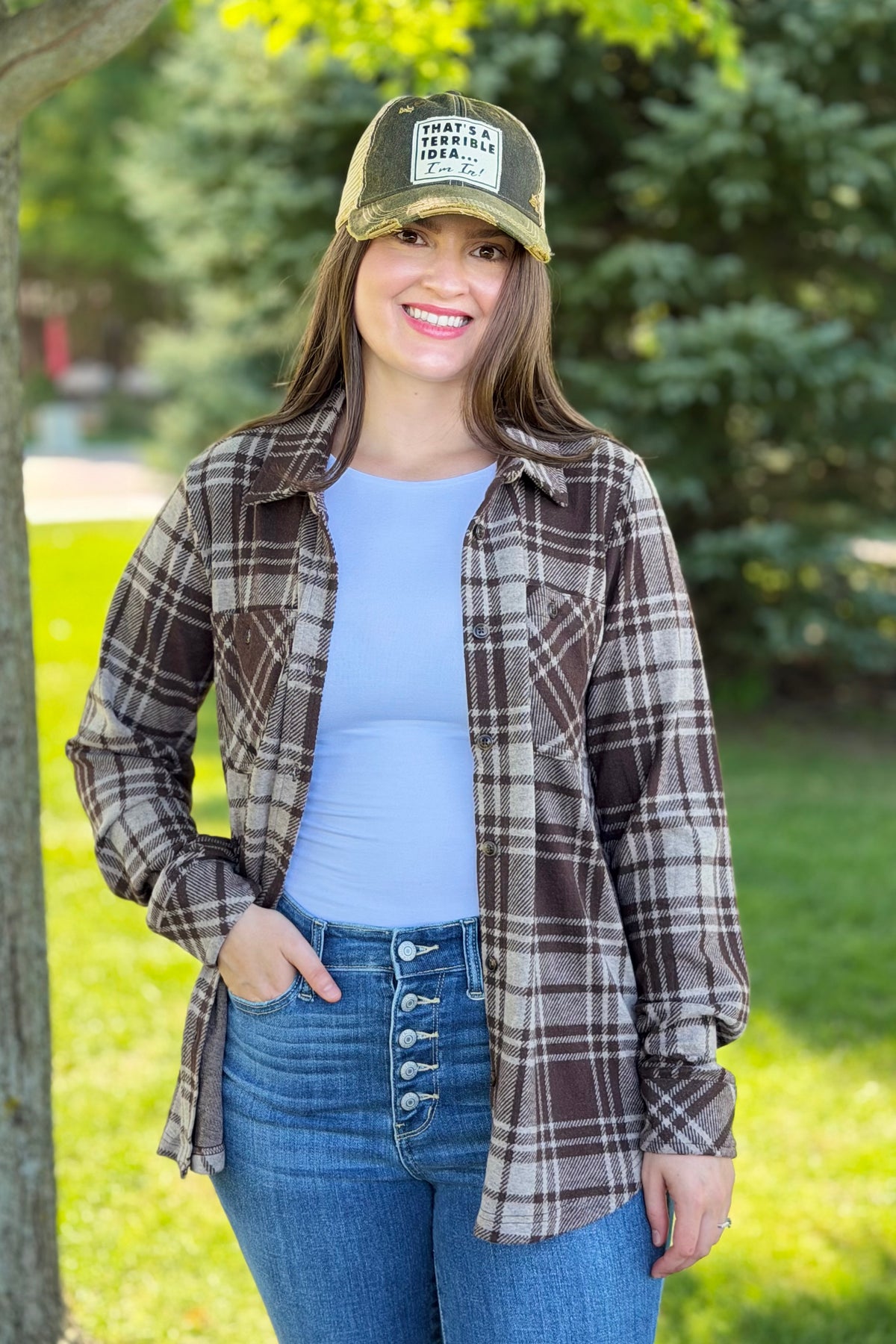 Plaid Button Up - Chocolate, Brown & Tan