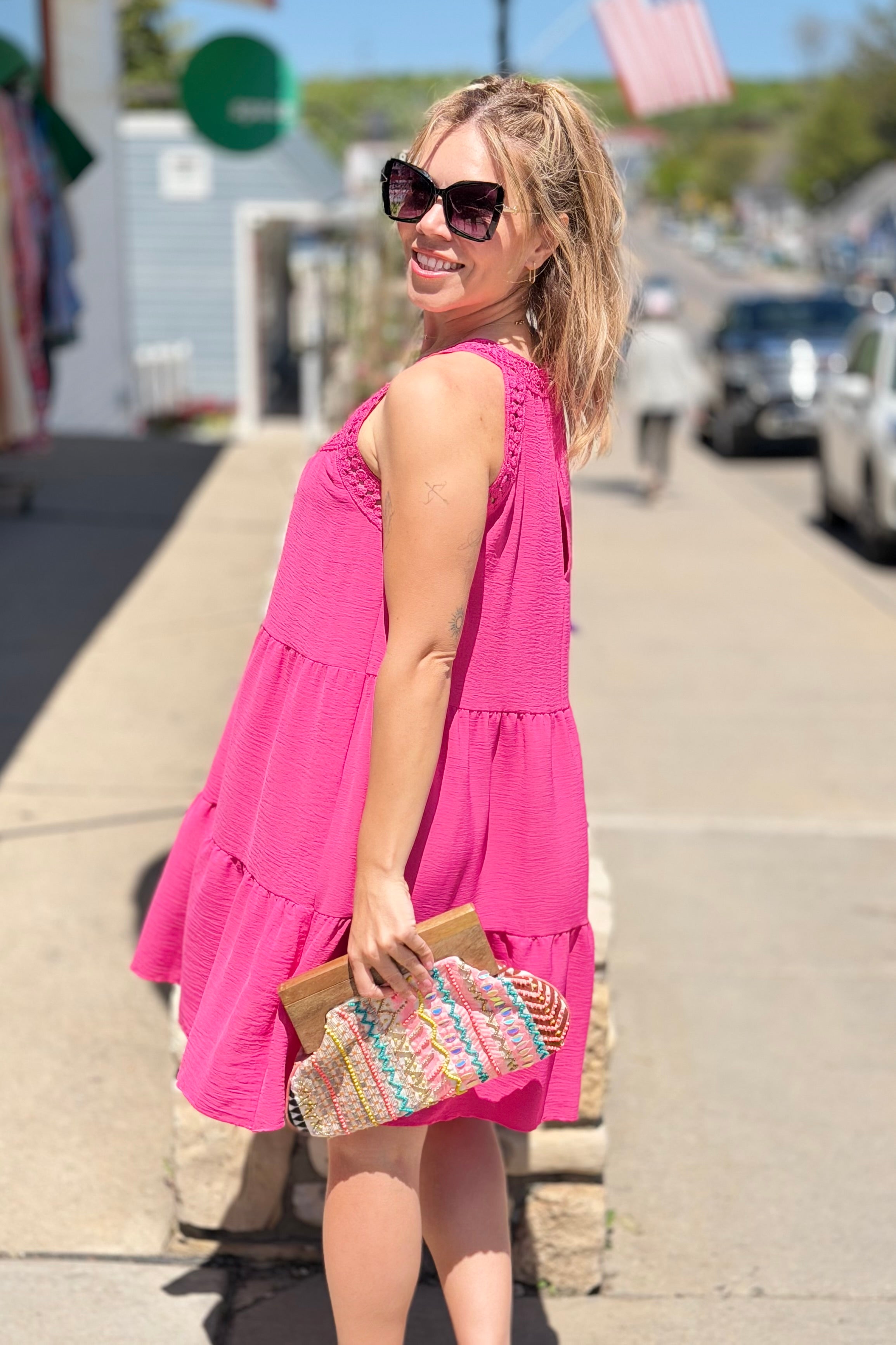 Sleeveless Lace Tiered Dress - Fuchsia