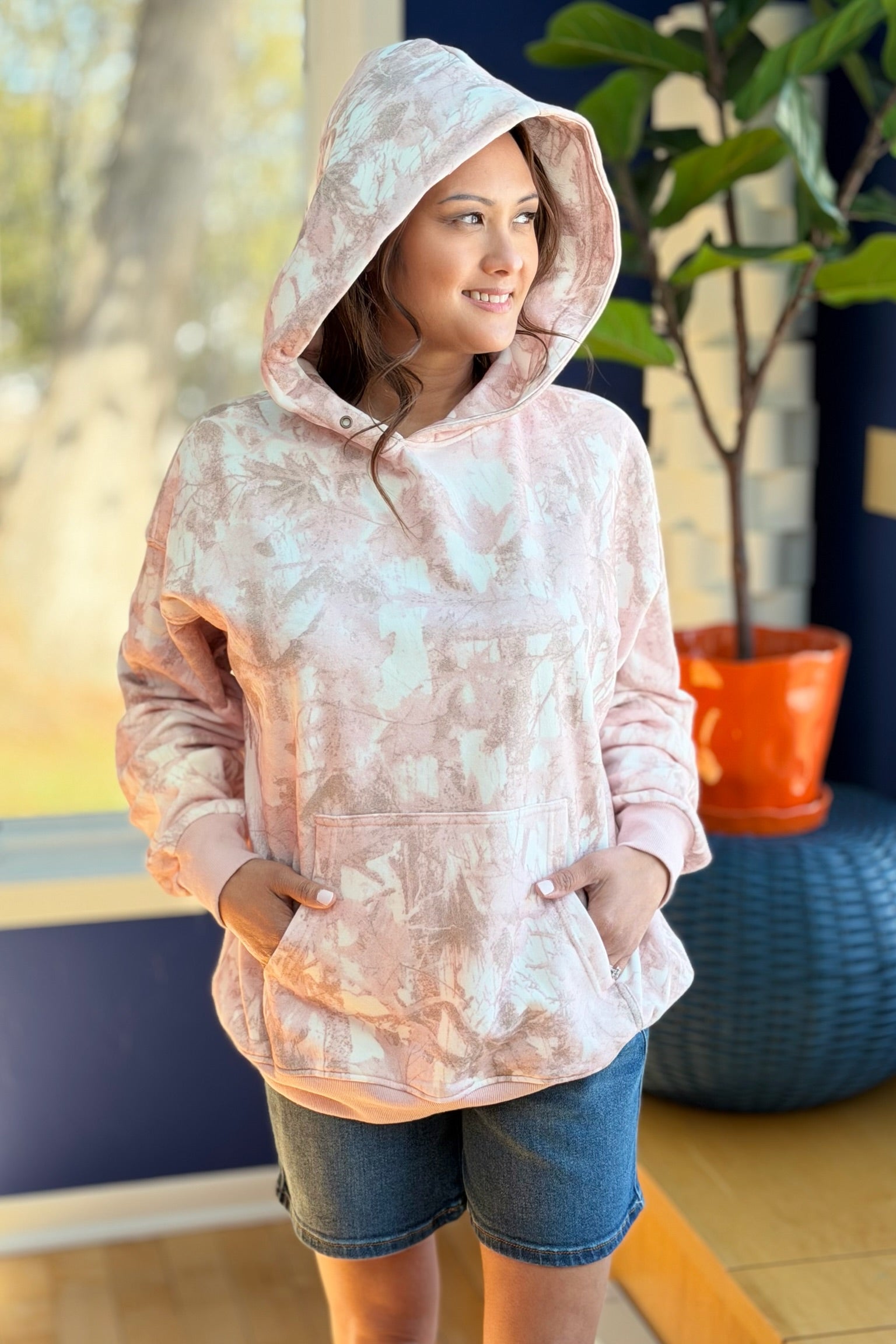 Floral Printed Fleece Hoodie - Pink Camo