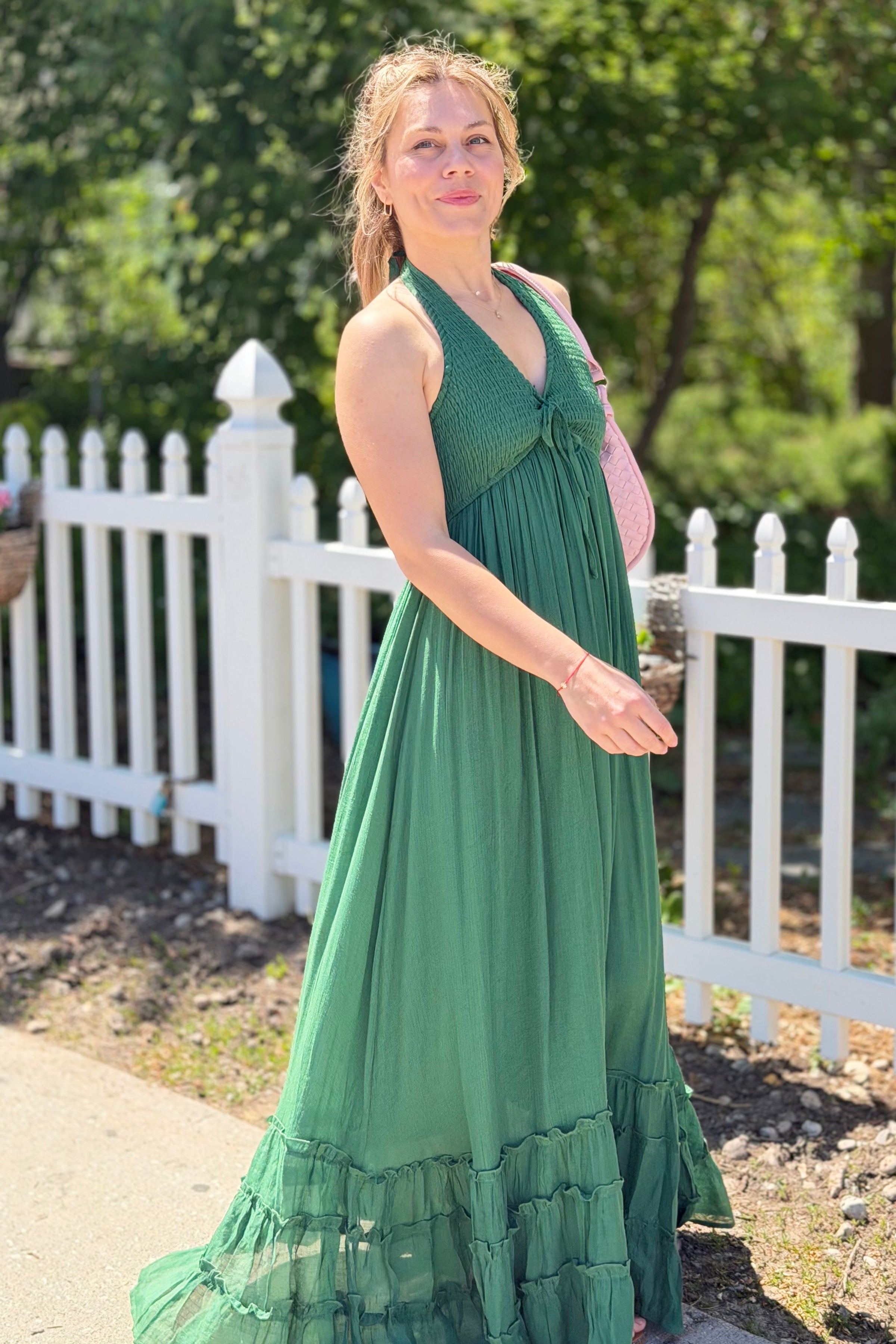 Halter Neck Smocked Maxi Dress - Green