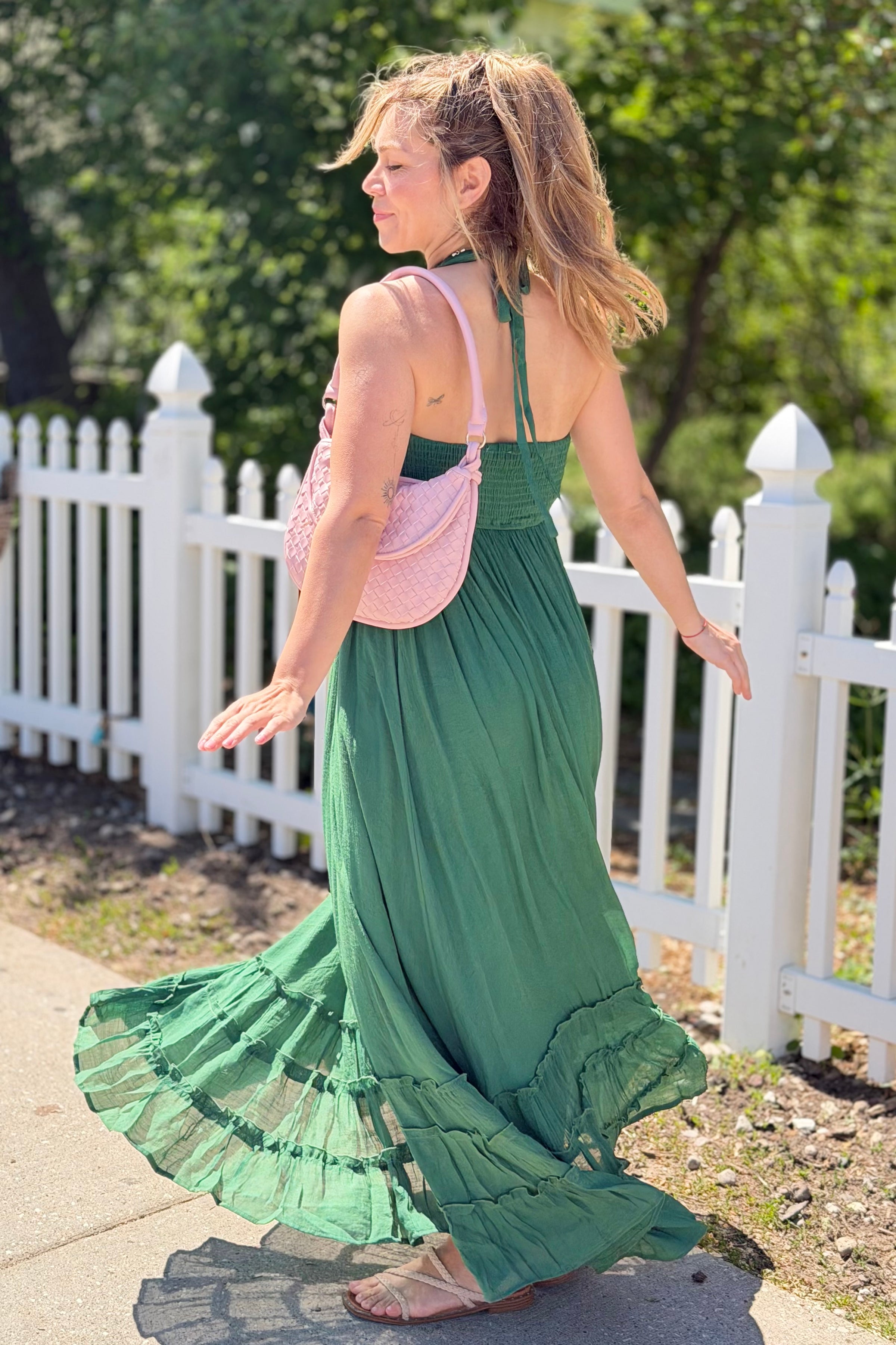 Halter Neck Smocked Maxi Dress - Green