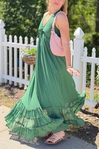 Halter Neck Smocked Maxi Dress - Green