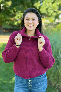 High Neck Zipper Sweater - Cabernet