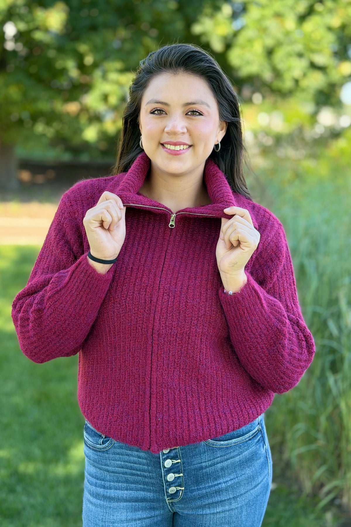 High Neck Zipper Sweater - Cabernet