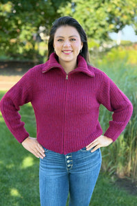 High Neck Zipper Sweater - Cabernet