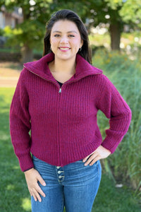 High Neck Zipper Sweater - Cabernet