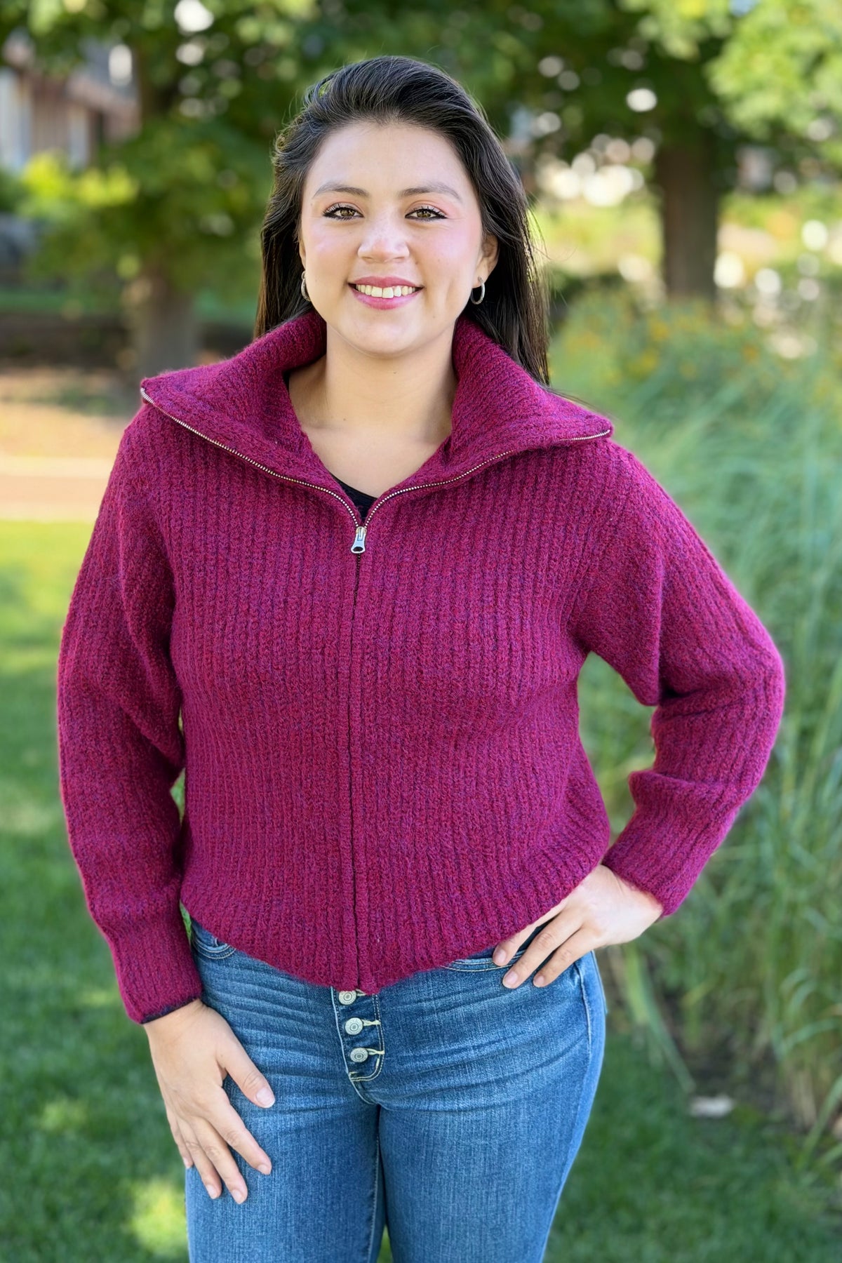 High Neck Zipper Sweater - Cabernet