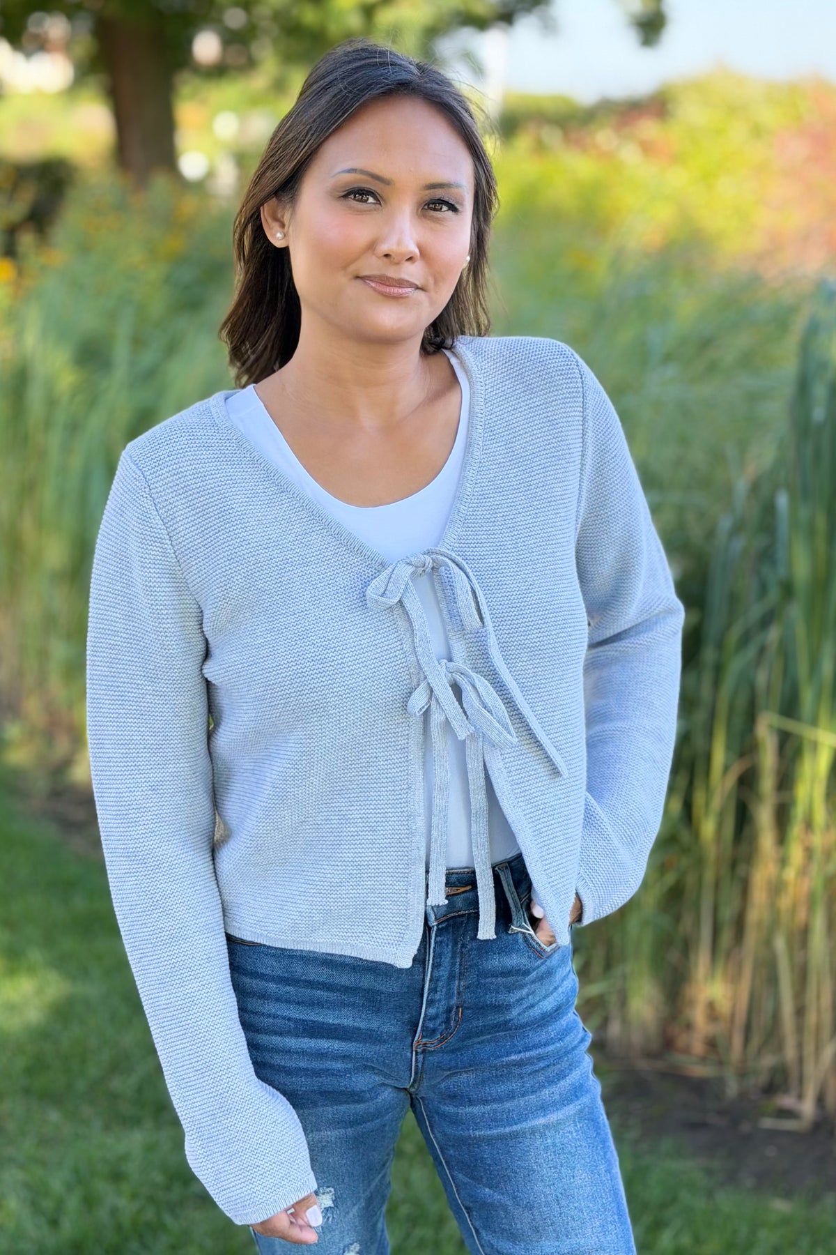 Tie Front Sweater Cardigan - Grey