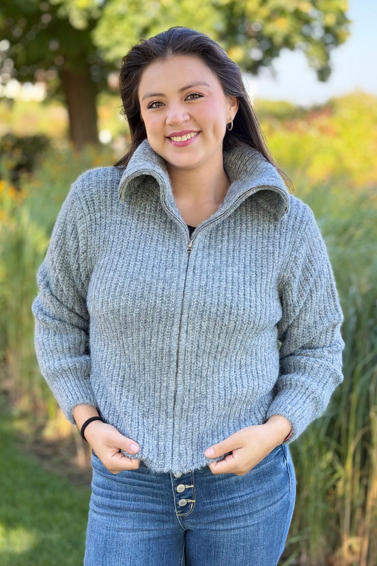 High Neck Zipper Sweater - Grey