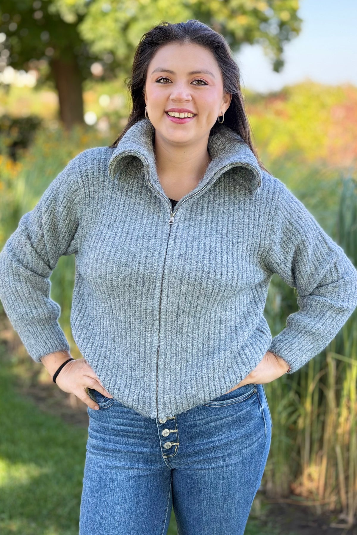 High Neck Zipper Sweater - Grey