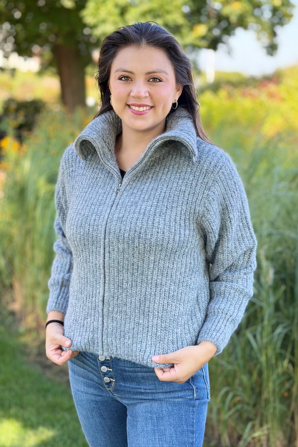 High Neck Zipper Sweater - Grey