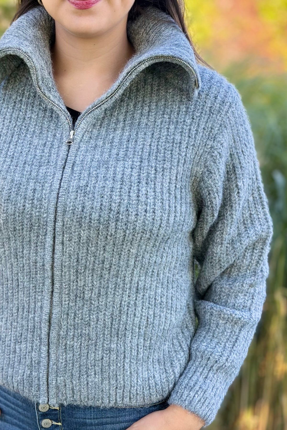 High Neck Zipper Sweater - Grey