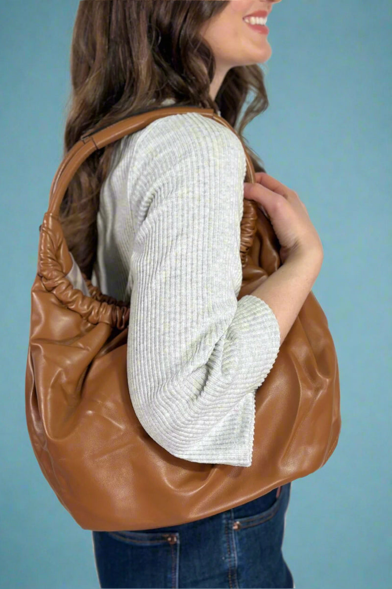 Lena Ruched Round Handle Bag - Taupe