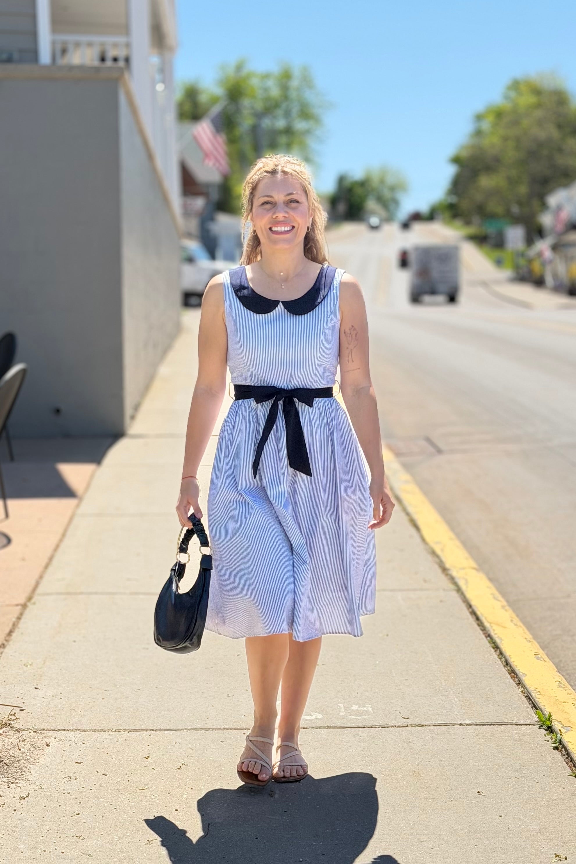 Stripe Dress Peter Pan Collar - Navy