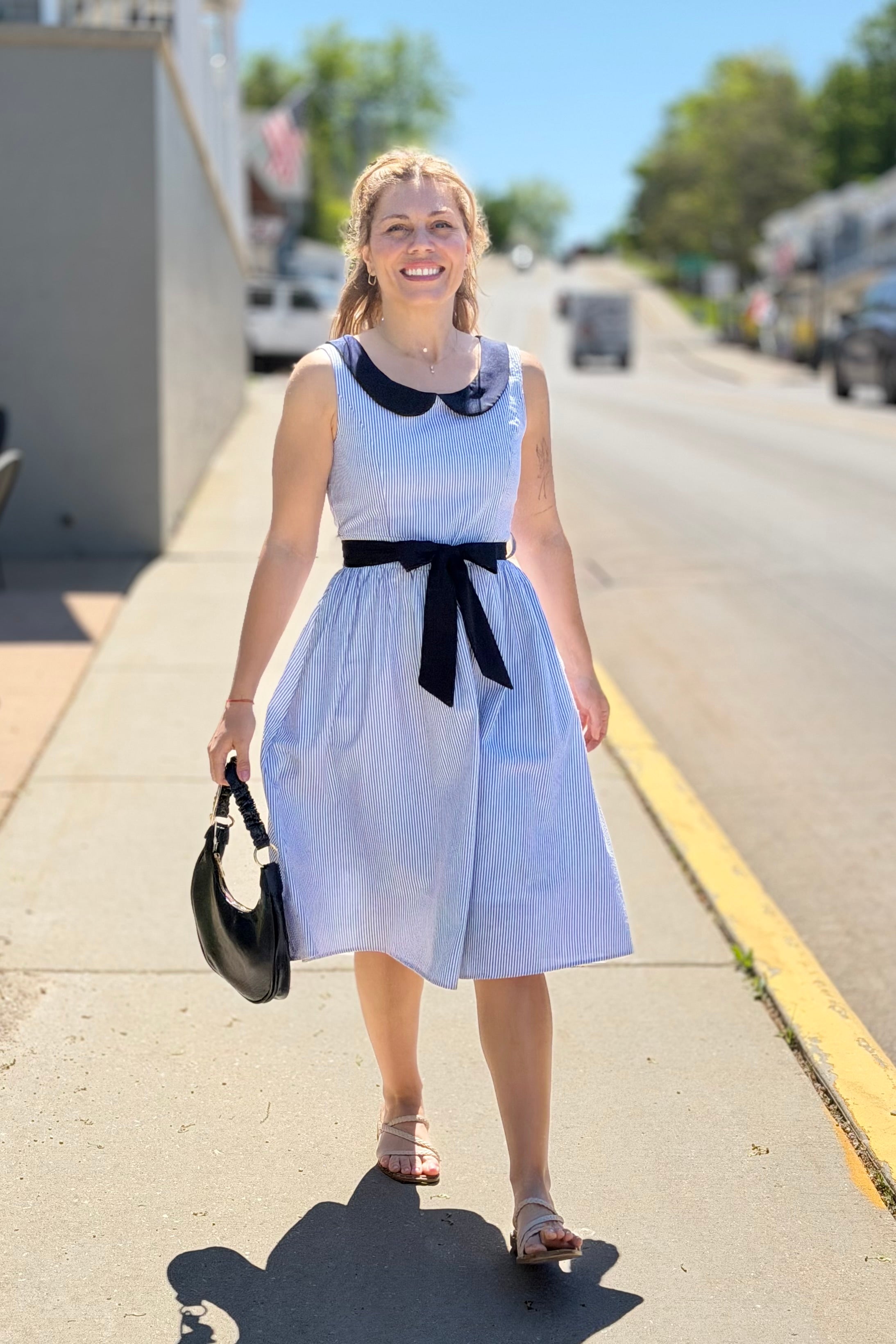 Stripe Dress Peter Pan Collar - Navy