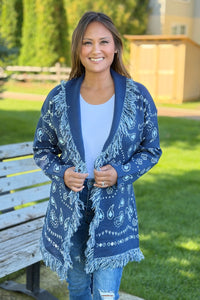 Bandana Fringe Cardigan - Blue