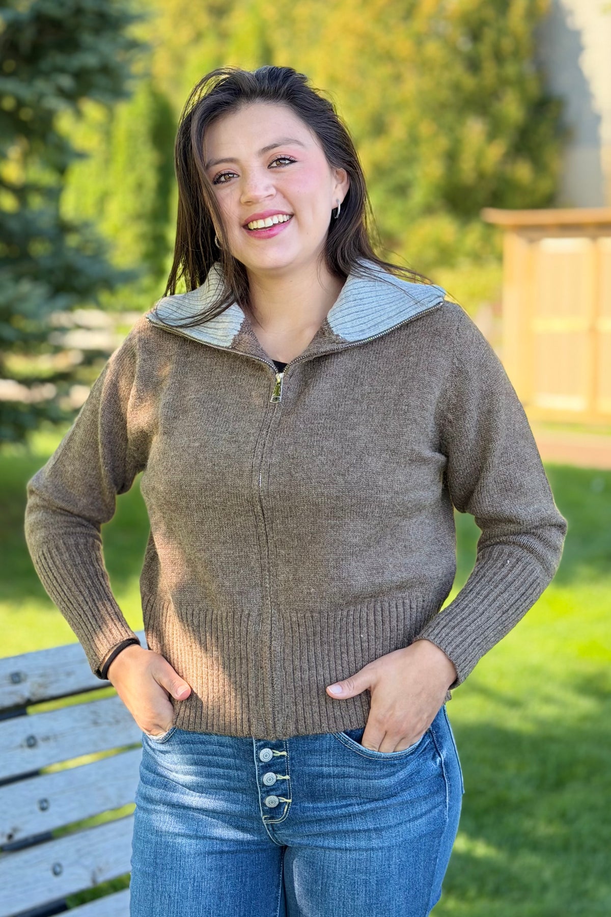Sweater Jacket with Contrast Collar - Mushroom