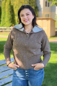 Sweater Jacket with Contrast Collar - Mushroom