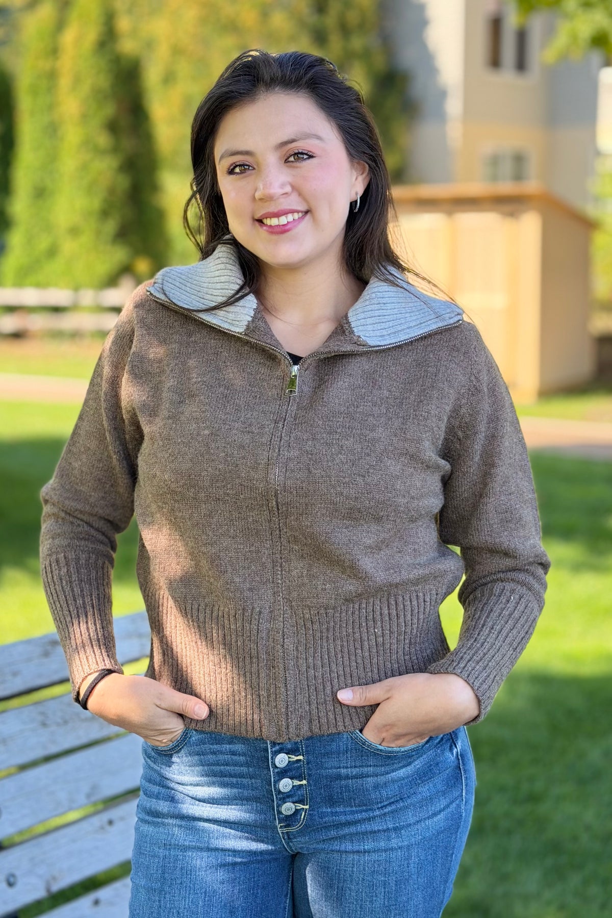 Sweater Jacket with Contrast Collar - Mushroom