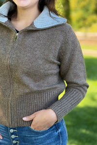 Sweater Jacket with Contrast Collar - Mushroom