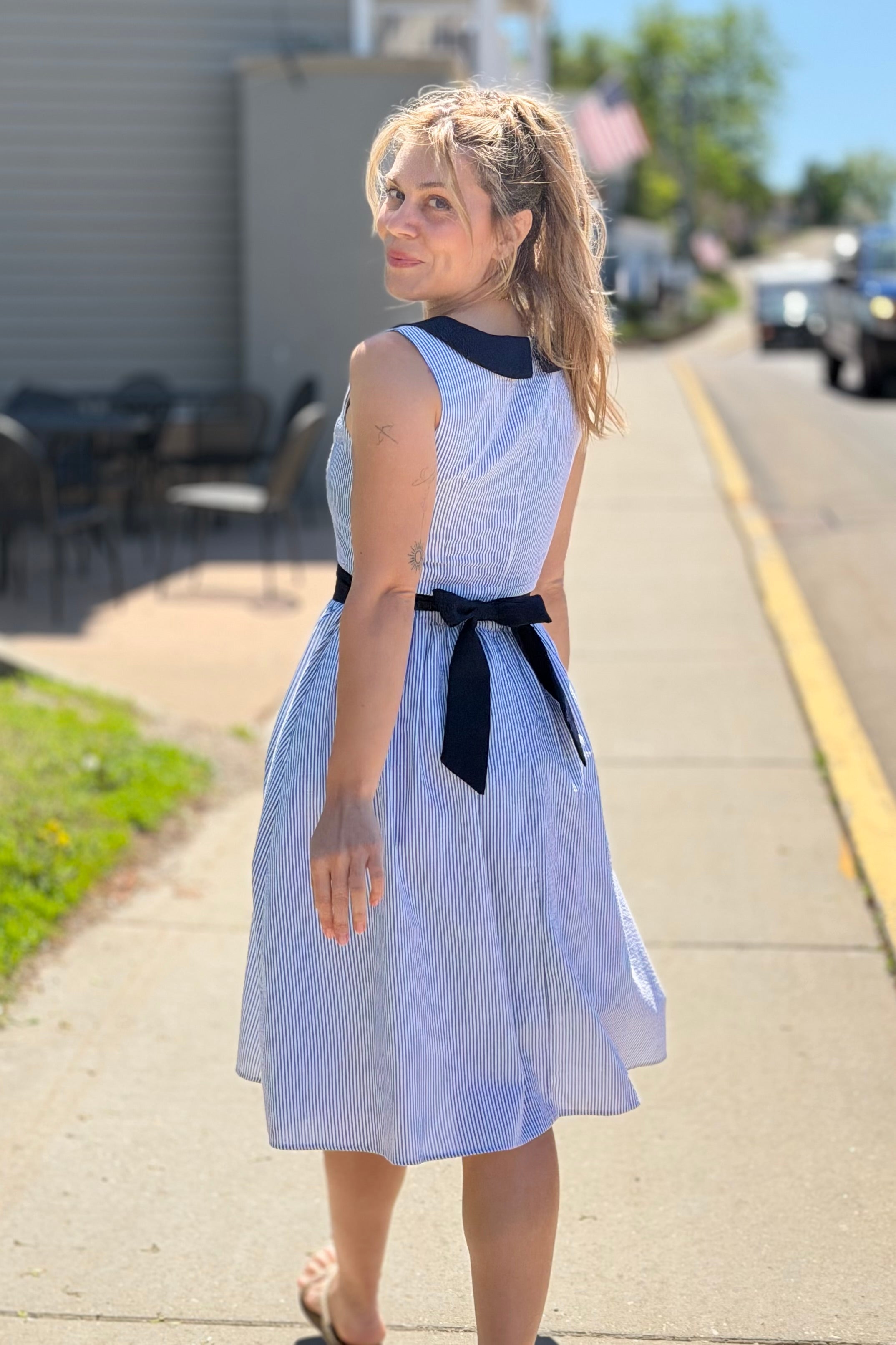 Stripe Dress Peter Pan Collar - Navy
