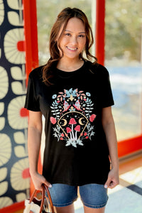 Butterfly & Mushroom Graphic Tee - Black