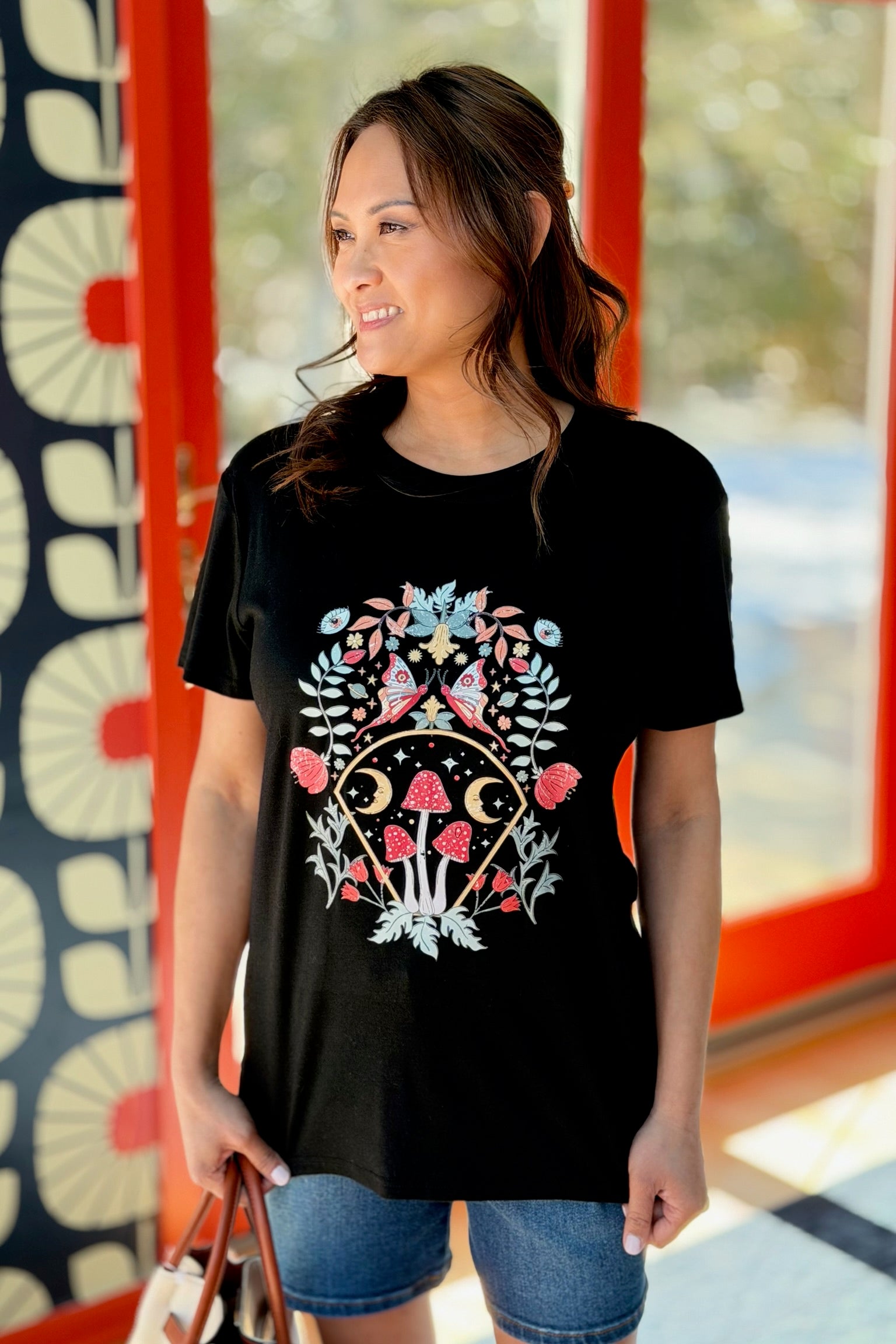 Butterfly & Mushroom Graphic Tee - Black