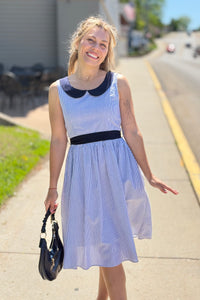 Stripe Dress Peter Pan Collar - Navy