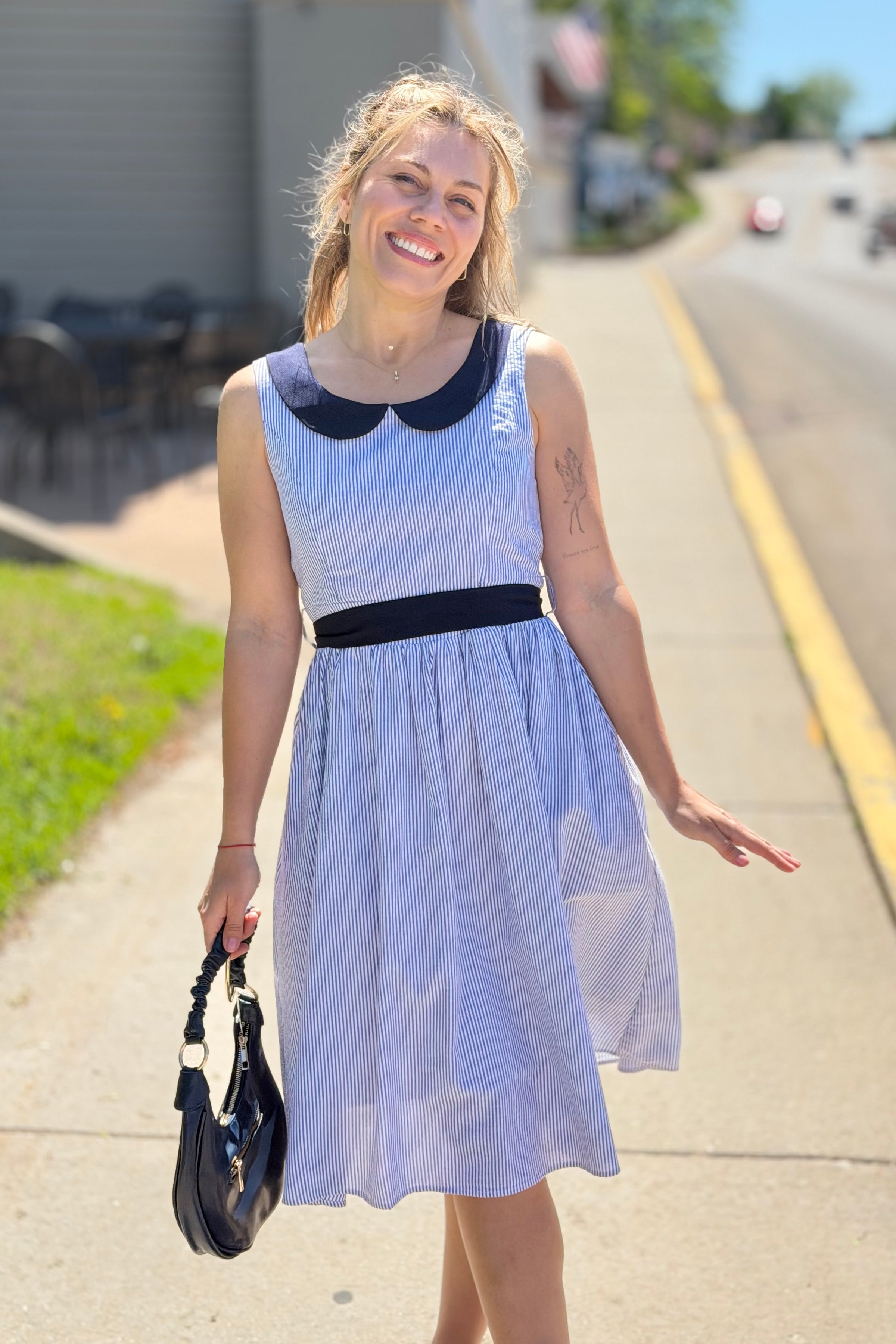 Stripe Dress Peter Pan Collar - Navy